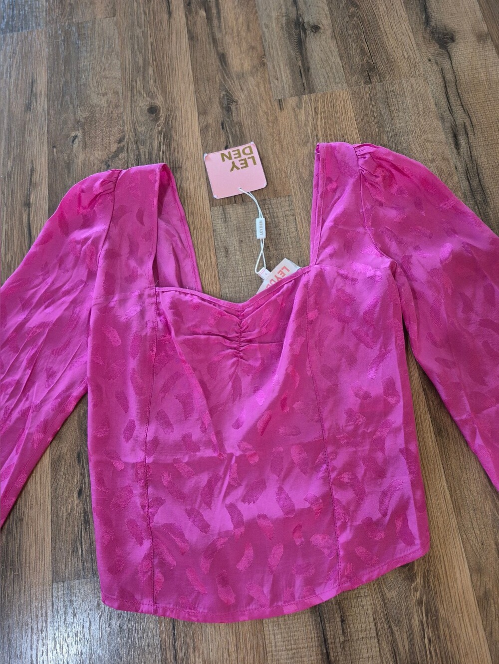 Leyden Hot Pink Puff-Sleeve Satin Smocked Back Blouse NWT!